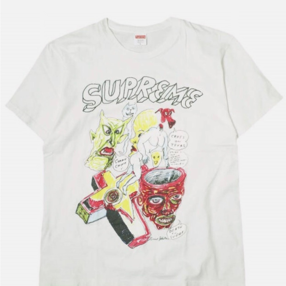 Supreme Graphic Tee in White with Red and Yellow Accents